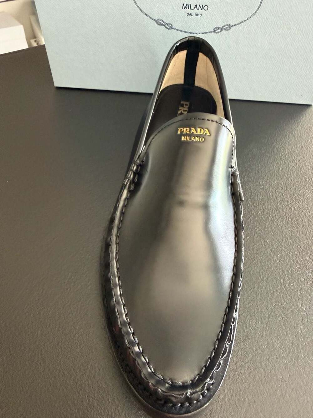 Prada Spazzolato Fumé Black Leather Loafers Size41 Gold Logo Retail $1,200 - Picture 3 of 7